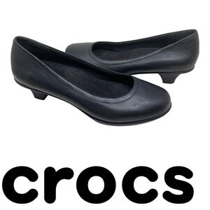 Crocs Work Women's Sz 11 Grace Black Leather Comfort Pumps Kitten Heel Career